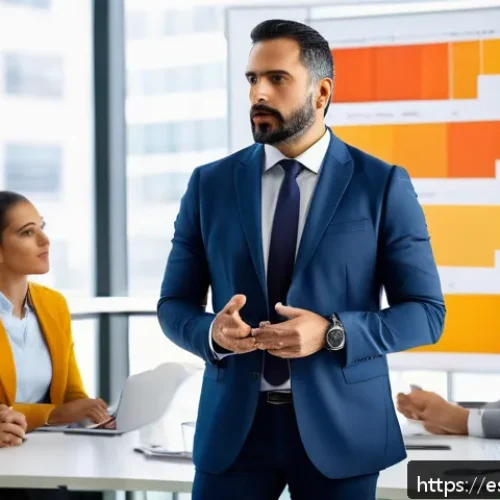 Home 31 리더십 코칭의 중요성 - A professional business leader in a modern Spanish office environment, engaged in a dynamic coaching...